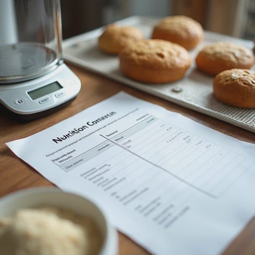 Next to a sheet of paper with notes on nutritional conversion, there is a precise kitchen digital scale and several baking ingredients.