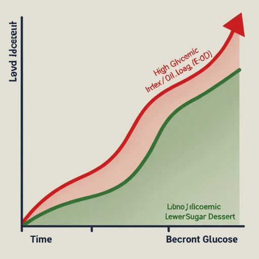 The figure plots two curves: one is a sharp, steep red curve (labeled “High Glycemic Index/Load, e.g., Pure Glucose”), and the other is a gently rising and slowly declining green curve (labeled “Low Glycemic Index/Load, e.g., Lower-Sugar Dessert”).