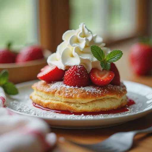 A golden, crispy scone topped with a generous layer of fresh strawberries and lightly sweetened whipped cream.