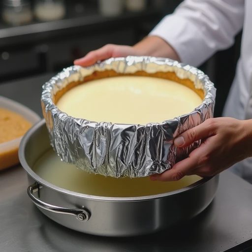 A 9-inch springform cake pan, carefully wrapped in aluminum foil and containing the cheesecake batter, is being gently placed into a large roasting pan filled with hot water.