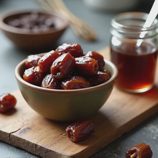 A rustic ceramic bowl filled with soft, pitted Medjool dates, centered on a wooden cutting board.