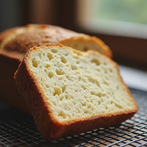 A sliced low-sugar baked loaf with a slightly dry and dense texture.
