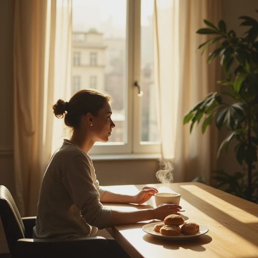 The master is sitting in the sunshine, with a steaming cup of tea and an exquisite dessert plate on the table.