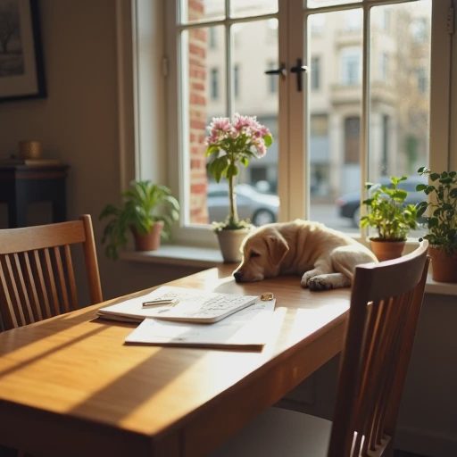 A log-style desk holds a notebook with notes on score calculation, and beside it lies a pet dog resting peacefully.