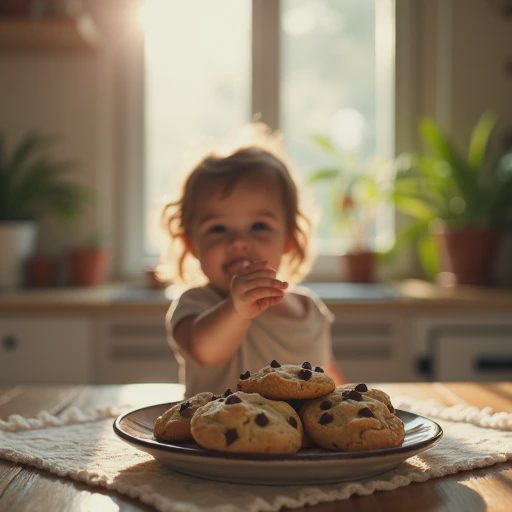 A vintage plate filled with freshly baked chocolate chip cookies, with a child’s small hand faintly visible reaching happily for a cookie beside it.