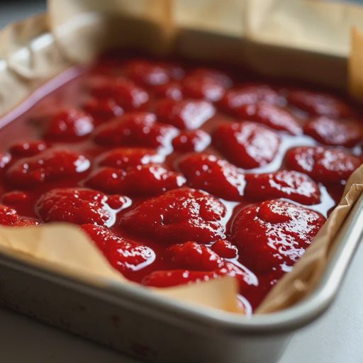 Freshly baked strawberry jam with a glossy, syrupy surface and an enticing deep red color.