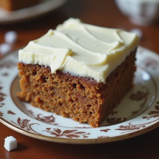 A traditional, dense carrot cake topped with an exceptionally thick, opaque cream cheese frosting