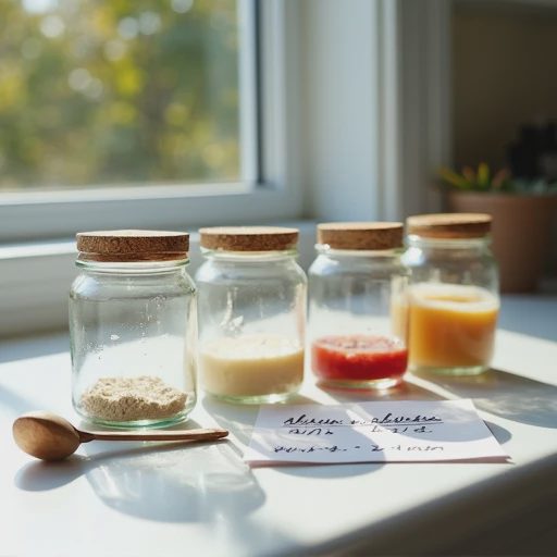 Several small glass jars containing different artificial sweeteners are placed side by side on the desktop, alongside a measuring spoon and a note listing the mixing ratios.