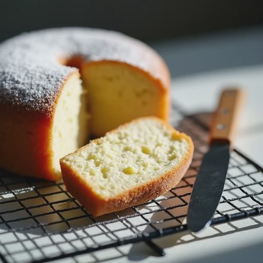 A cross-section of a low-sugar cake, slightly dry, firm, and pale in texture, accompanied by a cake-cutting knife.