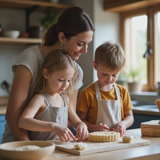 An adult and two children baking together in the kitchen