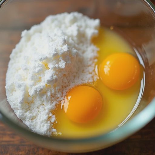 A close-up, studio-quality photograph of baking ingredients coming together in a glass mixing bowl: rich golden butter, fresh eggs, and glistening sugar crystals caught mid-process.