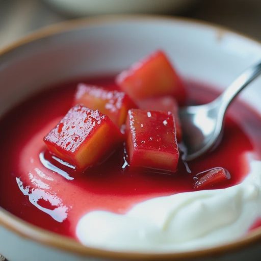 A food photograph of a glistening, ruby-red rhubarb compote spooned generously over a thick, creamy bowl of plain Greek yogurt in a ceramic dish.