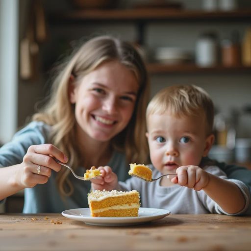 A candid, heartwarming photograph of a young child and an adult sitting at a rustic kitchen table, holding forks and eagerly tasting a slice of a golden-brown cake.