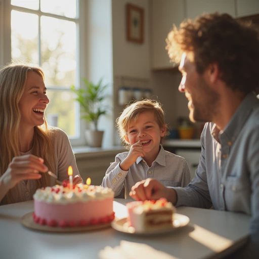 A family gathers around the cake, chatting and laughing joyfully.