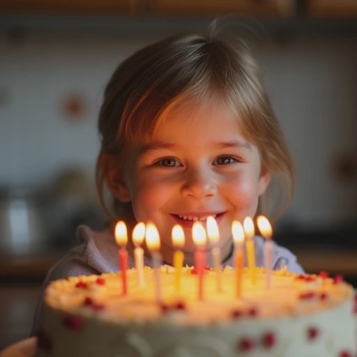 A little girl sits in front of a cake, smiling happily and preparing to make a wish.