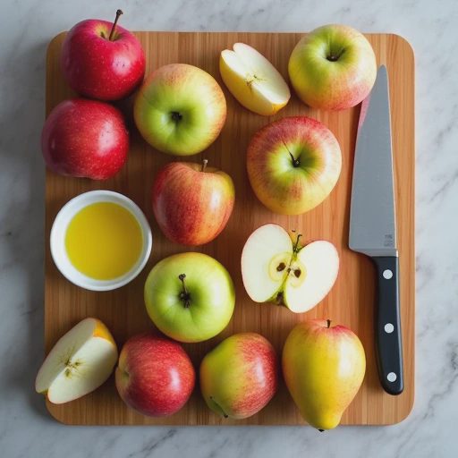 A vibrant flat-lay photograph of a variety of fresh, whole and sliced apples (Granny Smith, Honeycrisp, and Braeburn) on a wooden cutting board, with a small bowl of lemon juice and a knife.