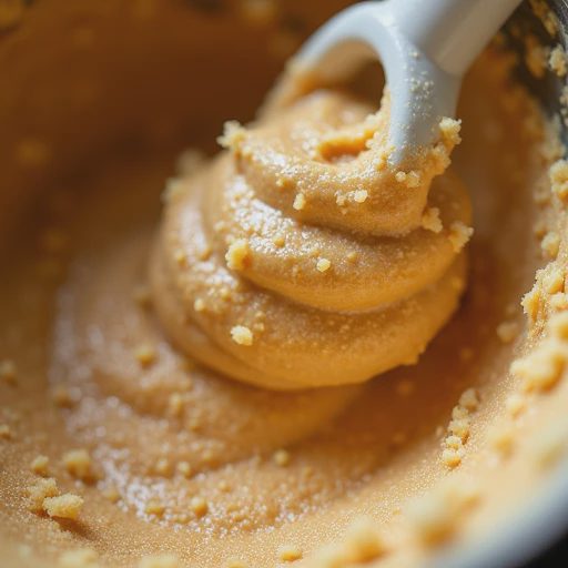 A macro photograph of a rich, golden-brown cake batter in a mixing bowl, captured mid-creaming method.