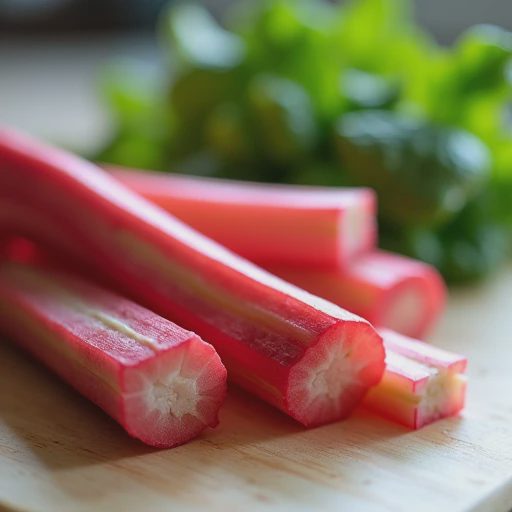 A close-up macro photograph of freshly chopped rhubarb stalks showing their crisp, fibrous texture and striking gradient of bright pink, red, and pale green colors.