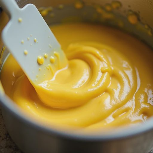 A macro photograph capturing a rich, glossy cake batter enriched with extra egg yolks, being gently folded with a spatula.