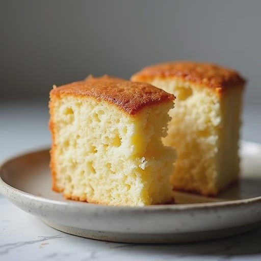 A professional close-up photograph of two distinct cake slices on a neutral ceramic plate, subtly highlighting the texture of a reduced-sugar bake.
