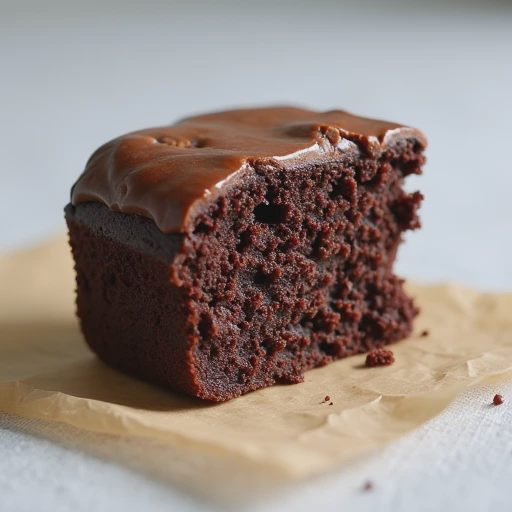 A studio photograph of a disappointingly dry, pale, and crumbly chocolate cake slice sitting on a piece of parchment paper.