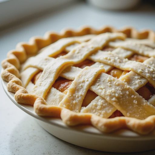 A close-up photograph of an assembled raw apple pie in a ceramic pie plate, featuring a neatly crimped full top crust brushed with cream and sprinkled with coarse sugar crystals, ready for the oven.