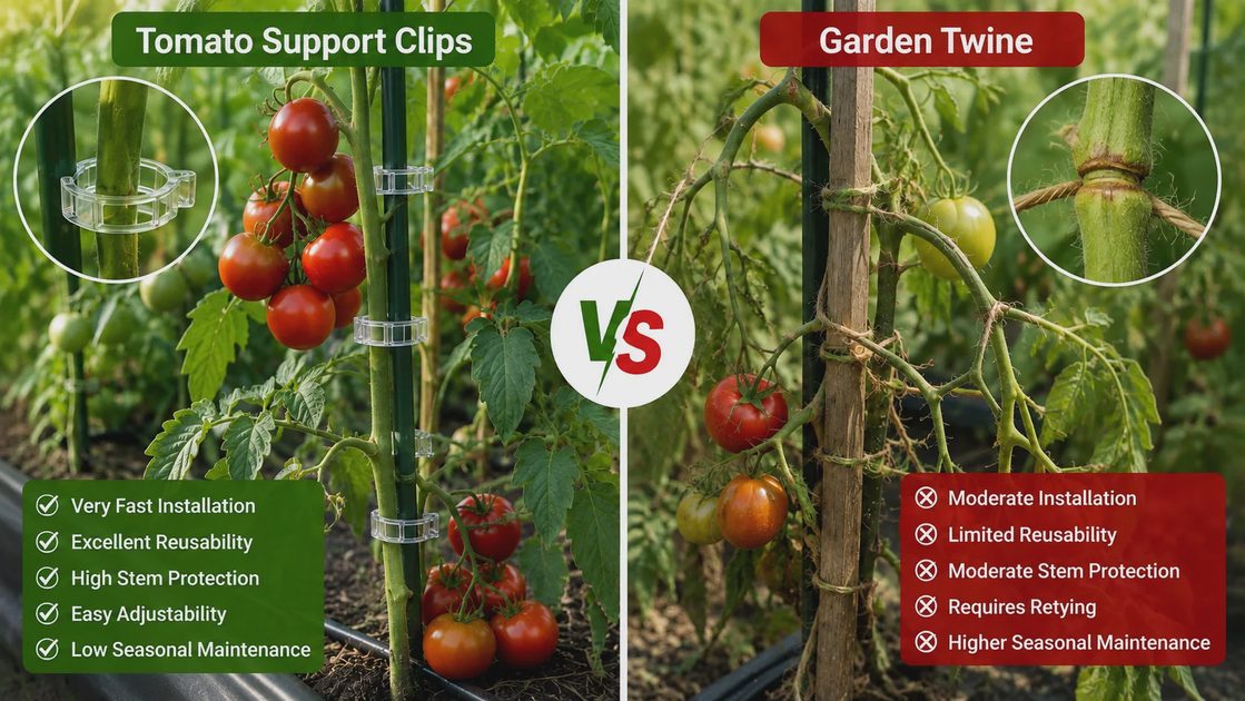 tomato clips compared with garden twine.