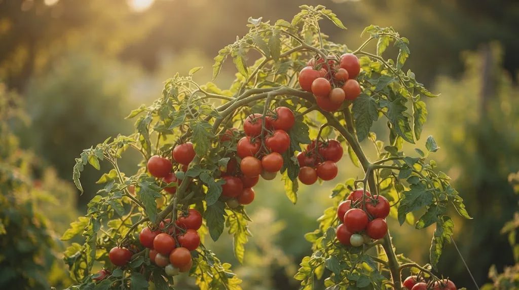 Mature tomato plant heavily loaded with ripe red tomatoes bending naturally under the weight in a backyard garden during golden hour.