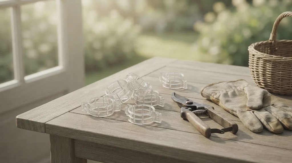 Close-up of a translucent plastic garden support clip with a quick-release locking mechanism, designed for securing plant stems to trellises.