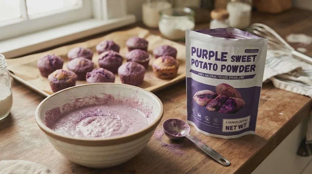 A detailed view of a rustic wooden kitchen counter showing a ceramic bowl of purple muffin batter, a NutraBloom purple sweet potato powder pouch, and baked purple muffins.