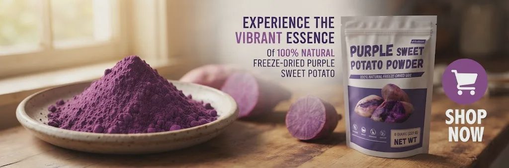 A rustic wooden kitchen counter features an 8 oz NutraBloom purple sweet potato powder pouch, a ceramic bowl of vibrant purple powder, and sliced sweet potatoes.