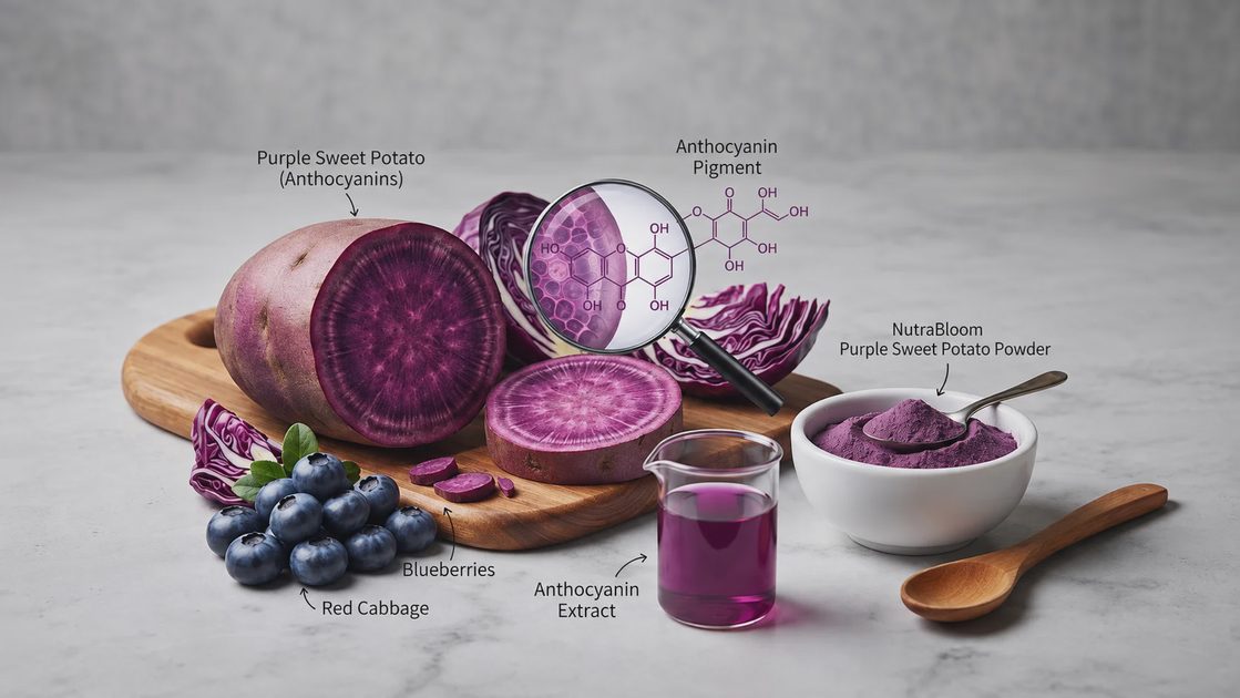 A detailed breakdown of purple sweet potato powder ingredients, showcasing whole potatoes, blueberries, and anthocyanin extraction.