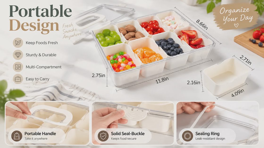 An advertisement for a multi-compartment portable snack box with dimension labels and detailed views of its handle, latch, and seal features.