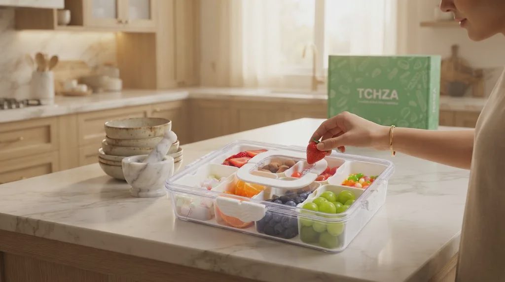 A close-up view of a woman's hand, adorned with a gold bracelet, selecting a fresh strawberry from a multi-compartment snackle box filled with various fruits, nuts, and candies on a kitchen counter. The branded green TCHZA box is visible in the background.