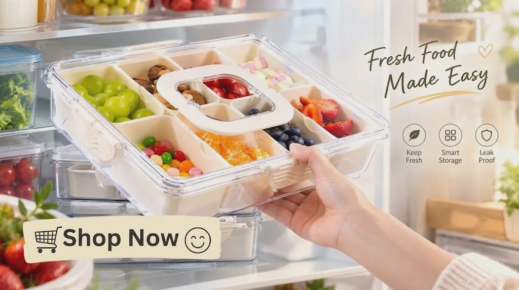 A woman’s hand holds a multi-compartment clear snackle box in a refrigerator, with fresh fruits, snacks, and a "Shop Now" button.