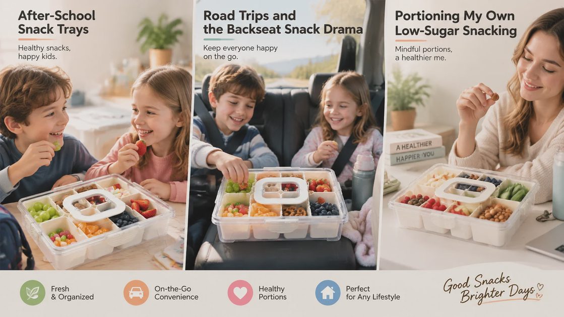 A triptych image advertisement for TCHZA snack boxes. The left panel shows kids eating snacks at home. The middle panel shows kids eating in a car. The right panel shows an adult woman enjoying a snack. The boxes are multi-compartment and clear. Text includes "Good Snacks Brighter Days".