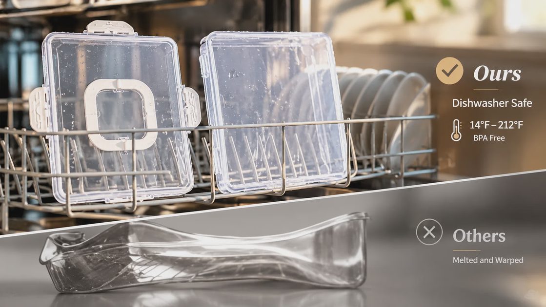 A split-screen comparison showing two plastic containers. The top container is in a dishwasher rack and appears unaffected. The bottom container is warped and melted. Text reads "Ours: Dishwasher Safe" and "Others: Melted and Warped".