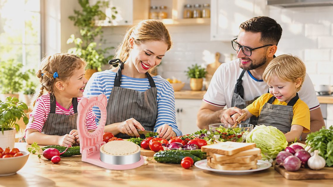 A happy family of four wearing aprons and preparing a meal together in a bright kitchen, using a pink sandwich maker.