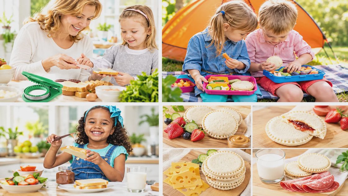 A multi-panel image showing a mother and children making, packing, and enjoying homemade round sandwiches together.