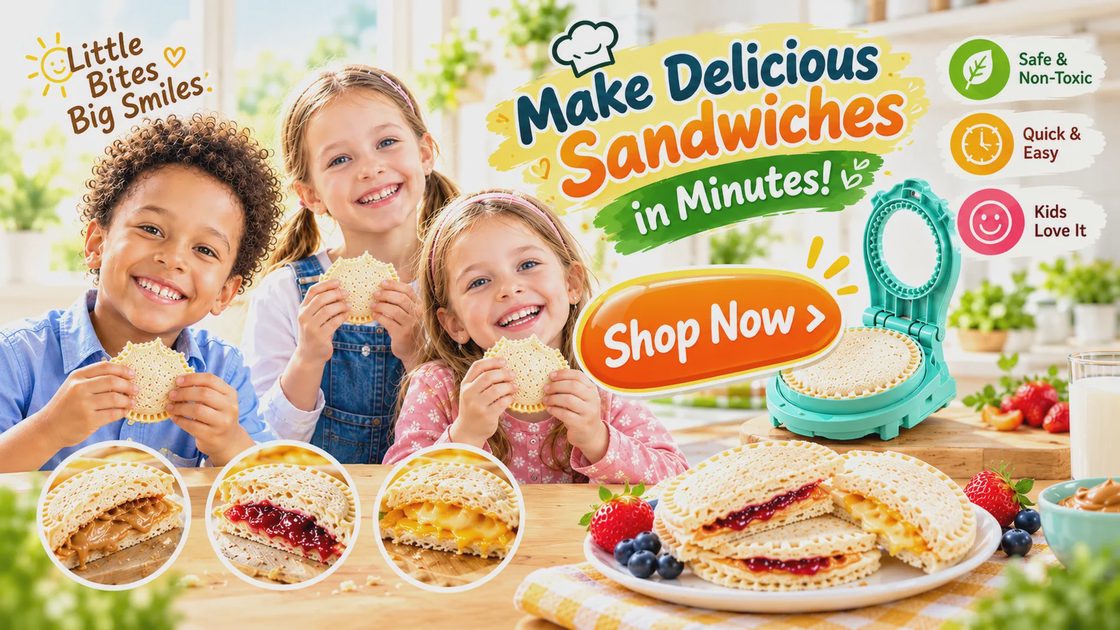 A promotional image shows three smiling children holding round, crustless sandwiches, with a teal sandwich maker, ingredients, and text banners.