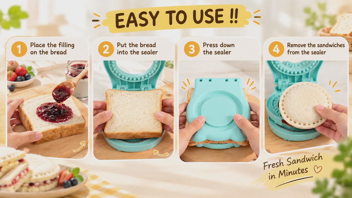 A four-step visual guide showing how to use a teal sandwich sealer to make fresh round sandwiches in minutes.