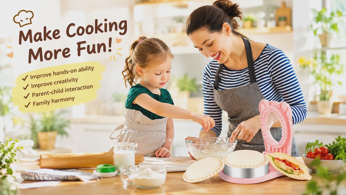 A mother and daughter cooking together, with text in the corner promoting "Make Cooking More Fun!" and its benefits.
